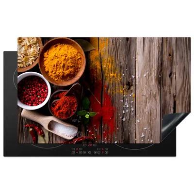Produktbild von KitchenYeah© Herdabdeckplatte Kräuter - Gewürze - Holz - Löffel - Braun , 85x52cm, Küche Deko, Glaskeramikkochfeld Herdabdeckung, Abdeckplatte fùr Kochfeld