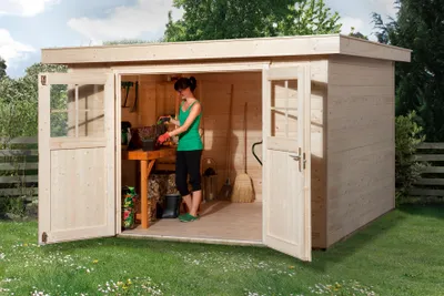 Produktbild von WEKA 227.3024.10400 Gartenhaus/Blockbohlenhaus Vinea mit Doppeltür ; Größe: 3 ; Farbgebung: Naturbelassen ; Wandstärke: 21 mm ; Maße (LxBxH): 295 cm x 239 cm x 217 cm ; Seitenwandhöhe: 207 cm