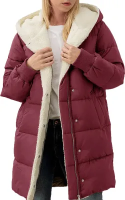 Produktbild von ASKSA Damen Wintermantel Lang Warm Daunenjacke Winterjacke Laessig Fleecejacke Outdoor Casual Kapuzenmantel (Weinrot,XL)