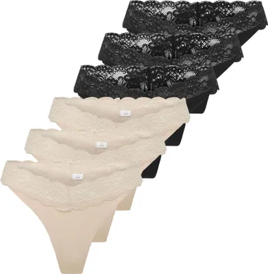 Produktbild von ONLY Damen Strings, 6er Pack - ONLCHLOE LACE THONG, Spitze Schwarz/Beige M