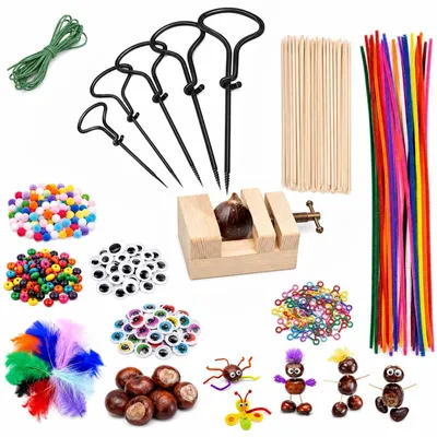 Produktbild von Kastanienbohrer Set Kastanien Bastelset Handbohrer mit Kastanienhalter Bohrer für Kastanien Herbstbasteln Herbst Kastanienmännchen DIY Set Set-B