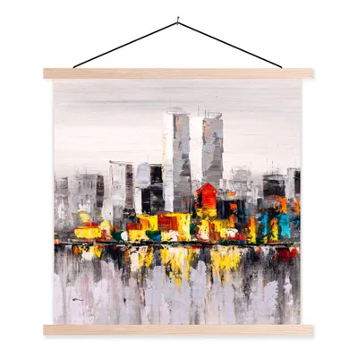 Produktbild von MuchoWow® Textilposter Gemälde - Skyline - Farben - Ölfarbe 60x60 cm mit holzfarbenen Rahmen - Wanddekoration