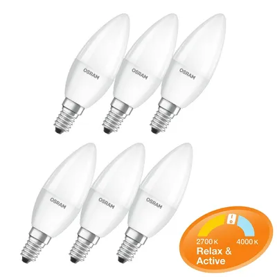 Produktbild von 6 x Osram LED Leuchtmittel Kerzenform 5W = 40W E14 matt Relax & Active warm kalt per Lichtschalter