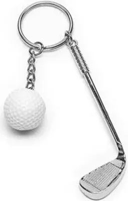 A keychain with a golf club and a golf ball.