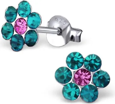 Produktbild von Kinderohrstecker Glitzer: Mädchen Ohrringe Silber „Kristall Blume" safirgrün & fuchsia