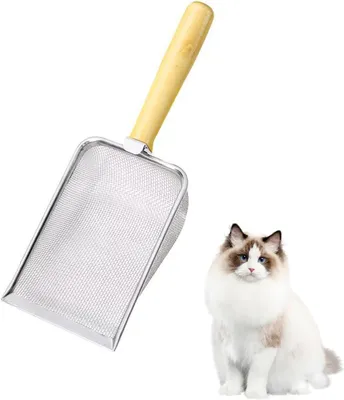 Produktbild von Metallene Katzenstreuschaufel mit Holzgriff, Siebschaufel für Katzenstreu, Klumpstreu