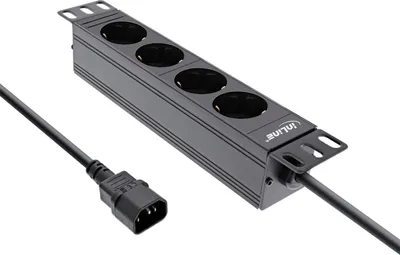 Produktbild von InLine 10" Steckdosenleiste, 4-fach Schutzkontakt, C14 Anschluss, ohne Schalter, 4 AC-Ausgänge, C14-Koppler, Schwarz, Aluminium, Kunststoff, 1U, 2 m