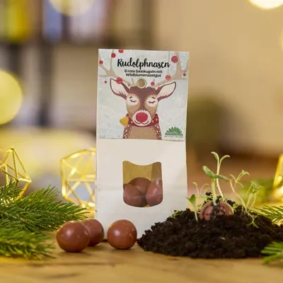 Zdjęcie produktu dla Rudolphnasen – czerwone kulki z nasionami dzikich kwiatów – pomysł na prezent świąteczny i ekologiczne bomby nasienne – ręcznie robione w Niemczech – 19 odmian kolorowych kwiatów