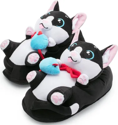 Produktbild von Witzige Plüsch-Hausschuhe Katze Balou für Kinder und Erwachsene | schwarz weiß, EU Einheitsgr. 34-44 | Pantoffeln Slipper Schuhe