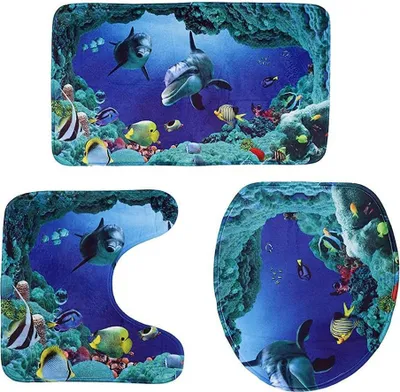 Produktbild von 3 Teile/Satz Ozean Stil Unterwasserwelt Dolphin Carpe Wc Matte 3D Dolphin Print Badteppich Set