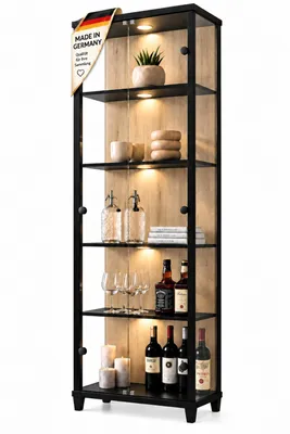 Produktbild von AGIONDA Standvitrine mit LED-Beleuchtung, Glasvitrine mit 2 Glastüren, 4 verstellbaren Holzböden, 172 cm, Schwarz