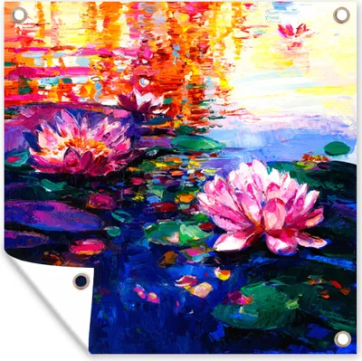 Produktbild von MuchoWow® 50x50 cm Outdoor-Poster Gartendeko Sichtschutz Garten Poster für den Garten  Malerei - Seerose - Ölfarbe - Wasser