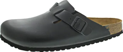 A single black Birkenstock Boston clog is shown from a side-angle.