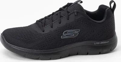 A black Skechers sneaker is shown from the side against a white background.