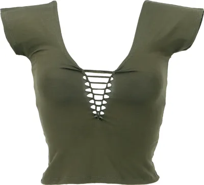 Produktbild von Bauchfreies Goa Psytrance Pixi Shirt, Choli Top - Olivgrün, Damen, Elasthan,Viskose, Größe: L