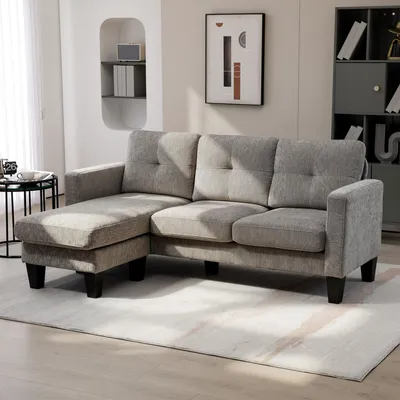 Produktbild von Ecksofa L-Form mit umkehrbarer Chaiselongue, Couch Chenille-Stoff, Leinenoptik, Braun | 186 x 130 x 84 cm | Stahlrahmen | Taschenfedern