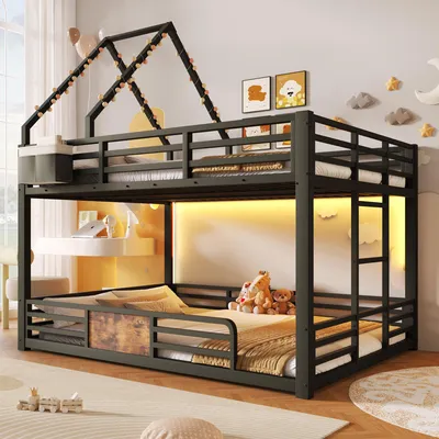 Produktbild von Flieks Etagenbett 140x200cm mit Led, Kinderbett Hausbett mit Dach & Stofftasche, Hochbett mit Leiter und Rausfallschutz, Metallbett Doppelbett Schwarz