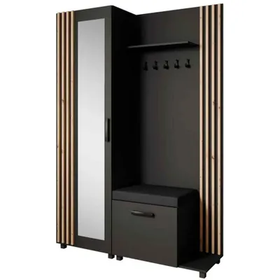 Produktbild von Garderoben-Set LIVIA Links Rechts – Garderobenschrank mit Spiegel, Schuhschrank mit schwarzen Sitzkissen, Lamellen in Eiche Artisan, Hochschrank