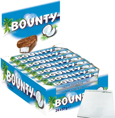 Produktbild von Bounty Einzelriegel Gefüllte Milchschokolade mit saftigem weissem Kokosmark VPE (24x57g Riegel) + usy Block