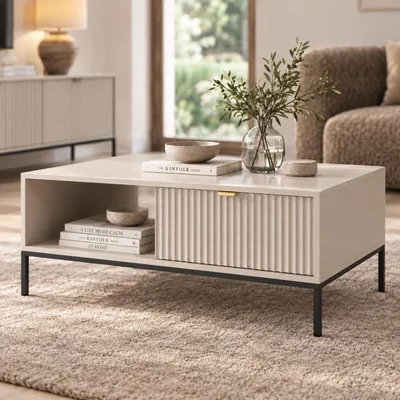 Produktbild von Couchtisch Kioto 104 cm Kaschmir Beige & Schwarz – 2 Schubladen, Rillenfront, Goldene Griffe, Beidseitig, KI-generiertes Bild
