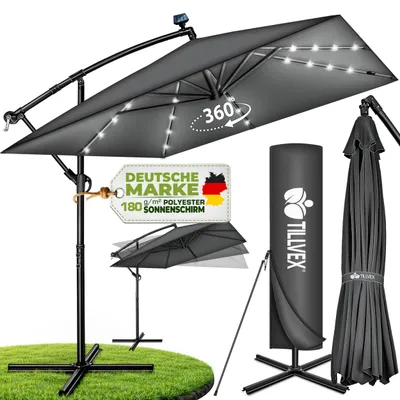 Image de tillvex® Alu Parasol Rectangulaire Ø 330 cm avec LED Solar Anthracite + Couverture avec manivelle | Parasol ampli avec support & parapluie | Parasol de jardin protection UV, imperméable, rotation 360° | Parasol à manivelle marché, Image générée par une IA