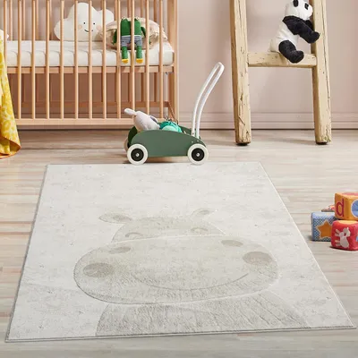 Produktbild von Kinderteppich Creme, Beige - 120x160 cm - Tier-Motiv Nilpferd - Kinderzimmerteppiche