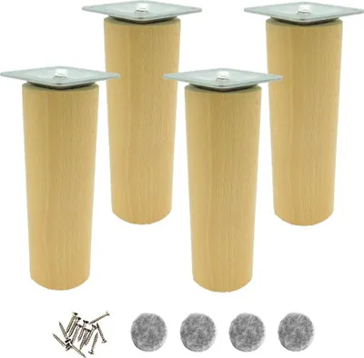 Zdjęcie produktu dla Nogi meblowe z drewnianym cylindrem Ø40 mm, 15 cm, zestaw 4 z akcesoriami montażowymi, lakierowane bezbarwnie