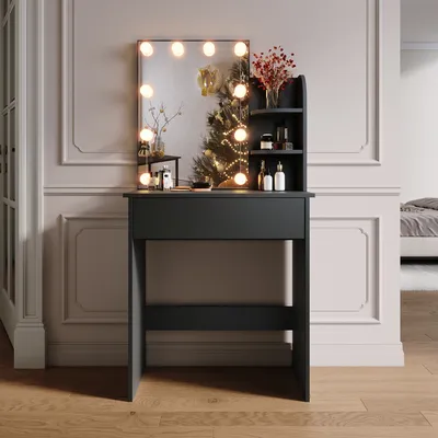 Produktbild von SONNI Schwarz kompakte Kommode mit dreifarbigem Glühbirnenspiegel,70x40x140cm einstellbare Helligkeit, Schminktische mit Kommode