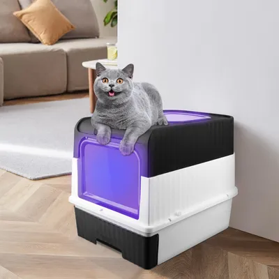 Image de Bac à litière avec lumière UV Grande litière avec bac extensible 35×49×37cm Noir