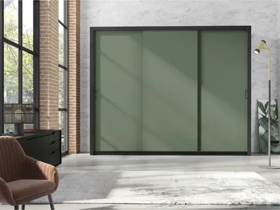 Obrázek produktu pro Šatní skříň FRAMA II 255cm Kouřově zelená Šatní skříň s posuvnými dveřmi