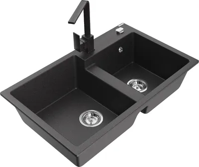 Produktbild von Mexen Tomas 2-Becken-Granitspüle mit Mischbatterie Rita, Schwarz gesprenkelt - 6516-76-670300-76