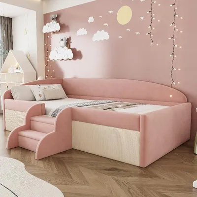 Produktbild von Polsterbett 90x190cm Kinderbett mit Stufen und Seitengittern, rosa cremeweißes Multifunktionsbett aus hautfreundlichem Samtstoff für Kinderzimmer