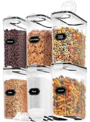 Zdjęcie produktu dla Pojemniki na musli, 6 sztuk, szczelne pojemniki do przechowywania z pokrywkami, plastikowe, dozownik do musli, organizer, pojemniki do przechowywania, miarki, etykiety, pojemność 4L