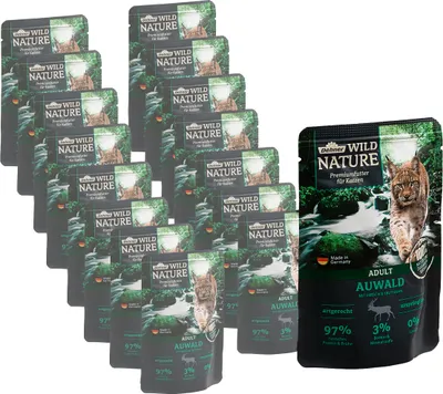 Produktbild von Dehner Wild Nature Katzenfutter Auwald, Nassfutter getreidefrei / zuckerfrei, für ausgewachsene Katzen, Hirsch / Truthahn, 16 x 85 g Beutel (1.36 kg)