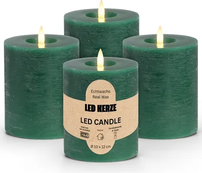 Image de Lot de 4 bougies LED en cire, flamme vacillante, Ø 10x12 cm, vert