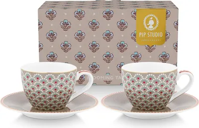 Produktbild von PIP STUDIO Blooming Tales Khaki Espressotasse mit Untertasse 0,12l Set2