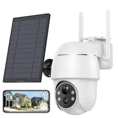 Image de Caméra de surveillance d'extérieur COOAU avec panneau solaire - batterie 4 dBi - caméra d'extérieur Wi-Fi avec compression vidéo H.265, 4 projecteurs, stockage dans le cloud, 2,4 GHz