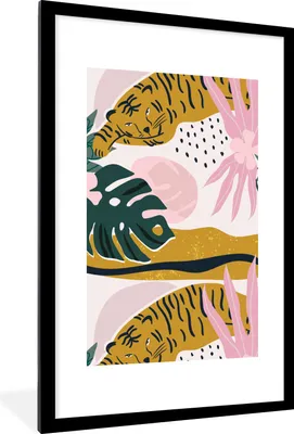 Produktbild von MuchoWow® MuchoWow® Gerahmtes Poster Tiger - Blätter - Dschungel - Muster 60x90 cm - Poster mit zchwarzem Bilderrahmen - Dekoration - Wandposter Wohnzimmer - Hochwertig