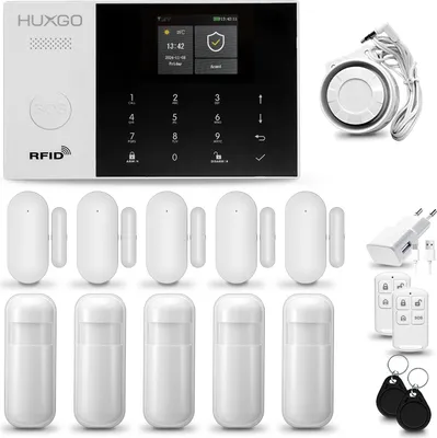 Immagine prodotto di HUXGO HXA005 Sistema di allarme per la casa, WiFi + GSM 4G, con sirena. Include 5 sensori di movimento e 5 sensori per porte e finestre, compatibile con l'app Tuya Smartlife