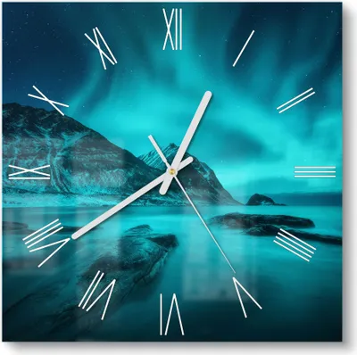 Produktbild von DEQORI Glasuhr 30x30 cm Römisch 'Polarlichter in Norwegen' Wanduhr Glas Uhr Design leise