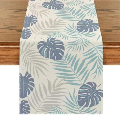 Produktbild von Tischläufer Pflanzenblattmuster Blau Grau 40 x 100 cm Wasserabweisend Leinen-Polyester