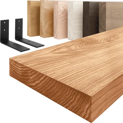 Image de LAMO Manufaktur Étagère murale avec supports en L noirs | Étagère 140 cm largeur pour salle de bain, couloir, cuisine style industriel | Couleur: foncé, Bord: droit | Qualité artisanale, bois massif