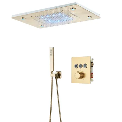 Immagine prodotto di Doccia a pioggia a LED, controllo termostatico, soffione in ottone 36*50cm, set oro spazzolato