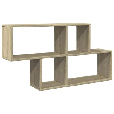 A wooden shelf unit with multiple compartments, shown against a white background.