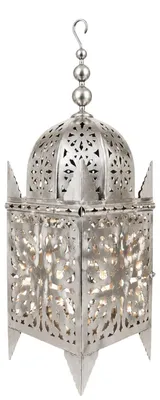 Zdjęcie produktu dla Marokańska latarnia Frane, srebrna, 65 cm, ręcznie wykonana metalowa latarnia w stylu orientalnym, latarnia ogrodowa i świecznik na świeczki, dekoracja do salonu, tarasu, balkonu i przedpokoju