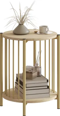 Image de HOMCOM Table d'appoint, bout de canapé à 2 niveaux avec étagère de rangement et cadre en acier, table basse pour salon, chambre, Ø 41 x 49 cm, effet bois naturel