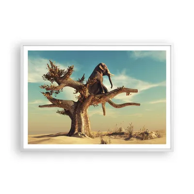 Produktbild von Gerahmtes Poster - Weißer Rahmen - Sitzen Elefant Baum - 100x70 cm - Wand Bild - Wanddeko - Wandbilder - Kunstposter - Wandposter - Bilderrahmen - Bilder - Kunstdruck - Wandbild - P2WAA100x70-4345