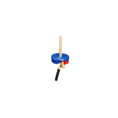 A close-up of a swing seat attachment on a rope.