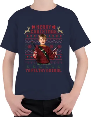 Produktbild von Merry Christmas Ya Filthy Animal Weihnachten Kevin Kult Humor Uni Kinder T-Shirt, Navy, 104