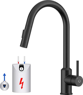 A black kitchen faucet with a pull-down sprayer is shown next to an illustration of a small water heater and a control knob.